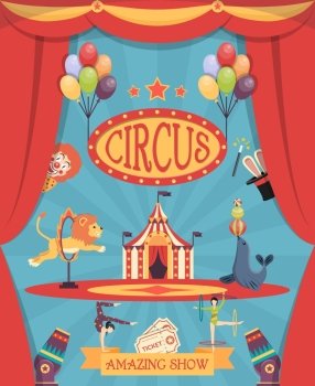 Amazing Circus Show Poster. Amazing circus show poster with arena theatre coulisse tent and trained lion and navy seal flat vector illustration   