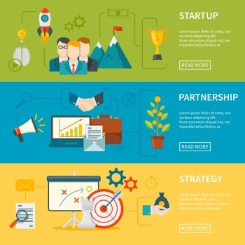 Entrepreneurship Horizontal Banners . Entrepreneurship flat horizontal banners set of startup strategy and partnership vector illustration    