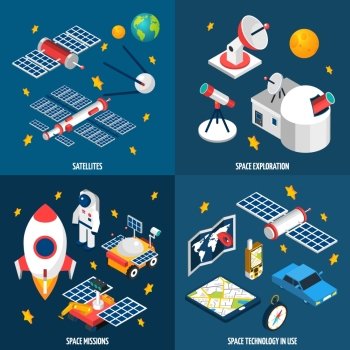 Space Exploration Isometric. Isometric composition abot space exploration with different equipment with dark background vector illustration