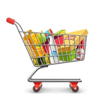 Shopping Supermarket Cart With Grocery Pictogram. Self-service supermarket full shopping trolley cart with fresh grocery products and red handle realistic vector illustration 