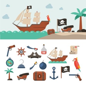 Pirate icons set. Pirate icons flat set with treasure chest sea map jolly roger flag isolated vector illustration