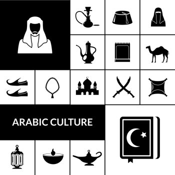 Arabic culture black icons set. Arabic culture black icons set with east food and religion symbols isolated vector illustration