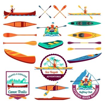  Rafting Canoeing And Kayak Elements Set . Canoe trails and rafting club emblem with kayaking equipment elements flat icons composition abstract isolated vector illustration 