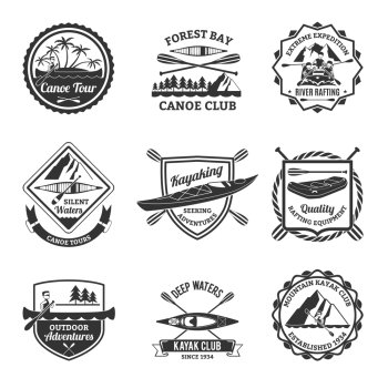  Rafting Canoeing And Kayak Emblems Set . Canoe and kayak sport clubs equipment black emblems and river rafting  labels collection abstract isolated vector illustration 