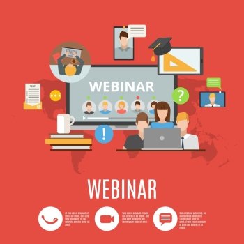 Webinar Flat Design Concept. Webinar flat design concept with icons of online information exchange and corporate conference flat vector illustration