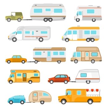Recreational Vehicle Icons Set . Recreational vehicle icons set with different types of motorhomes flat isolated vector illustration 