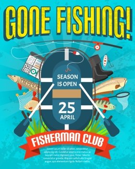 Fishing Poster  With Date Of Season Opening . Fishing poster with spinning paddles net fish signs and date of season opening flat vector illustration