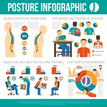 Posture Infographics Layout. Posture infographics layout with major segments of human spine information and appearance and treating of scoliosis and osteochondrosis statistics flat vector illustration  