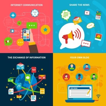 Social  Network Concept Icons Set . Social network concept icons set with internet communication and exchange of information symbols flat isolated vector illustration 