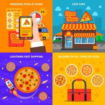 Pizza concept set. Pizza design concept set with cafe and home delivery flat icons isolated vector illustration