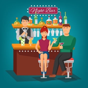 Night Bar Design Concept. Night bar flat shadow design concept with barman behind bar girl and young man with wineglasses vector illustration