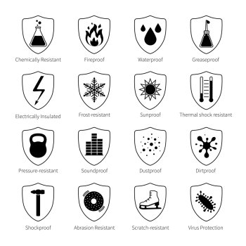 Protection Proof Black Icons . Protection proof black emblems with  scratch resistant soundproof shockproof virus protection signs and commentaries on white background isolated vector illustration  