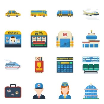 Passenger Transportation Flat Icons . Passenger transportation flat icons set of jet plane bus taxi subway isolated vector illustration 