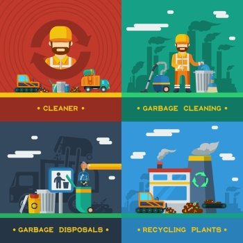 Garbage Removal 2x2 Design Concept. Garbage removal 2x2 flat design concept with rubbish cleaning disposal technique and recycling plants vector illustration 