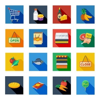 Supermarket Flat Shadow Icons In Colorful Squares. Supermarket flat shadow icons in isolated colorful squares with food products paper bag open and close signs vector illustration 