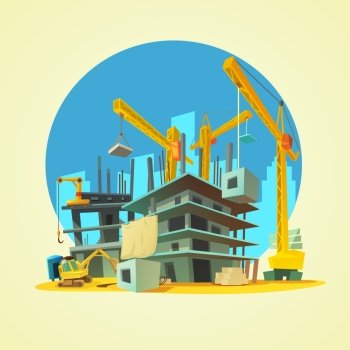 Construction Cartoon Illustration . Construction with building crane and excavator on yellow background cartoon vector illustration 