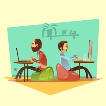  Coworking Cartoon Set Illustration . Coworking cartoon set with computers coffee and seats on yellow background vector illustration 