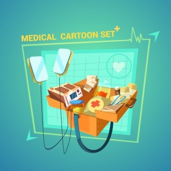 Medical Cartoon Set.  Medical cartoon set with heart and injury treatment symbols vector illustration 
