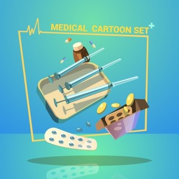 Medicine Cartoon Set. Medicine and treatment cartoon set with pills capsules and syringes vector illustration 