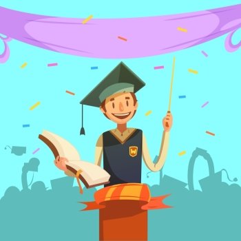 Education retro cartoon. Education retro cartoon with happy graduating pupil holding open textbook vector illustration