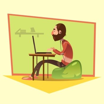  Programmer Cartoon Illustration . Programmer working with table and laptop on yellow background cartoon vector illustration 