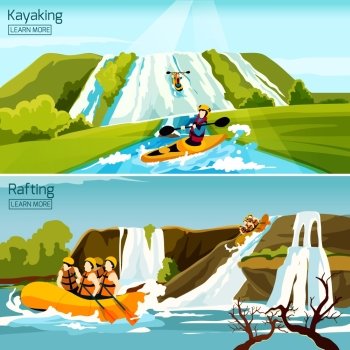 Rafting Canoeing Kayaking Compositions. Two colorful active water sport compositions with people busy in rafting canoeing kayaking flat vector illustration