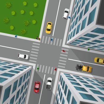 City Street Top View. City street top view 3d design concept with crossroad cars buildings and markings of pedestrian crossings vector illustration 