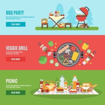 BBQ party banner set. BBQ party horizontal banner set with veggie grill elements flat isolated vector illustration