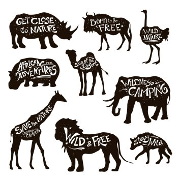 Wild Animals Lettering Black Icons Set. Wild african animals icons set with save nature message white on black lettering abstract isolated vector illustration 