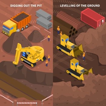 Construction Machinery Isometric Vertical Banners Set . Construction machinery at work pit digging and ground leveling 2 isometric vertical banners set abstract vector illustration