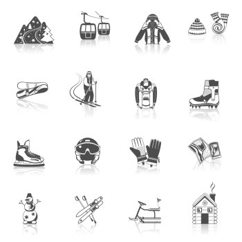 Ski resort icons black set. Ski resort icons black set with winter sport equipment symbols isolated vector illustration