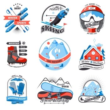Ski resort emblems set. Ski resort emblems set with snowboarding and sled labels isolated vector illustration