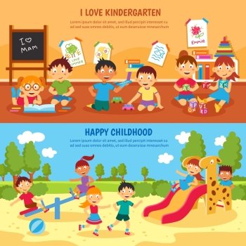 Kindergarten banner set. Kindergarten horizontal banner set with happy children isolated vector illustration