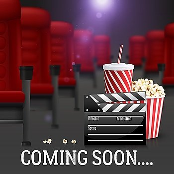  Cinema Background Illustration . Cinema and filmmaking realistic background with cola and popcorn vector illustration 