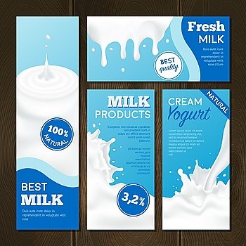 Milk Products Banners Set.  Milk products realistic banners set with splashes on wooden background isolated vector illustration 