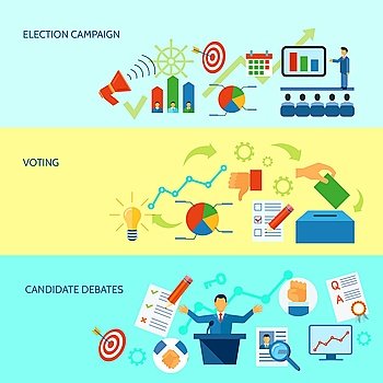 Election Campaign Process Banner. Election campaign debate and voting  process diagramm banner set in yellow and blue background  vector illustration 