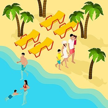 Family Tropical Beach Vacation Isometric Banner . Tropical beach family vacation isometric banner with parents and kids bathing swimming and tanning abstract vector illustration 