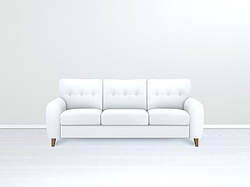 Interior With White Leather Sofa Illustration . White soft luxury leather sofa in modern apartment salon art gallery or office interior realistic vector illustration