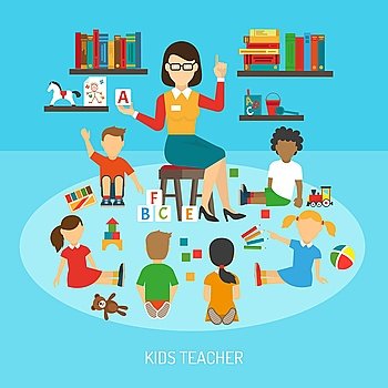 Kids Teacher Poster. Kindergarten poster of kids teacher in play room explaining alphabet to children around her flat vector illustration 
