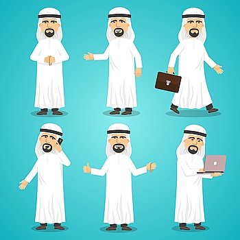 Arab Images Set. Cartoon images set of arab man in traditional arabic clothing isolated vector illustration