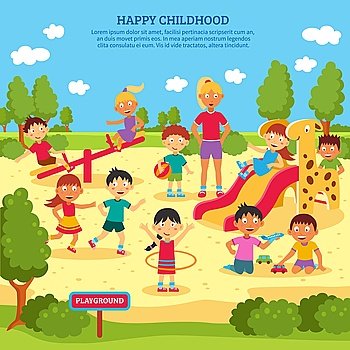 Kids Playing Poster. Illustration of children playing outdoors with bright summer background vector Illustration