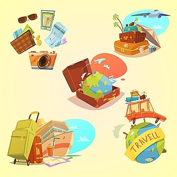 Travel Cartoon Set. Travel cartoon set with map luggage and transport symbols on yellow background  isolated vector illustration 