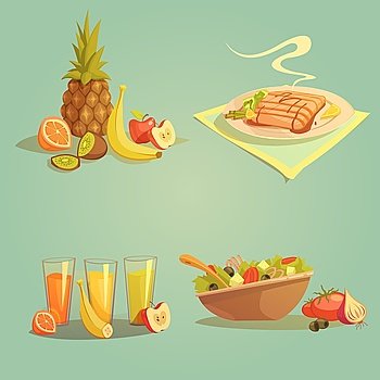 Healthy Food And Drinks Cartoon Set. Healthy food and drinks cartoon set with fruit juice and salad isolated vector illustration