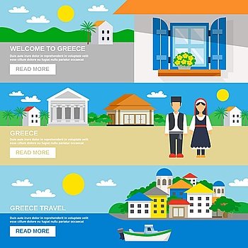 Greece Banner Set. Three horizontal banner set with the Welcome to Greece slogan and decorative landscapes vector illustration