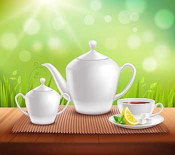 Elements Of Tea Service Composition. Elements of tea service composition with teapot sugar bowl and cup on wooden table vector illustration