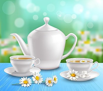 Teapot And Cups Composition. Teapot and cups composition with sugar on saucer and flowers of camomile on blue tablecloth vector illustration 