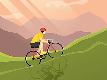 Cyclist Flat Poster. Cyclist flat figure poster riding up the mountain by landscape and flashing sunlights background vector illustration