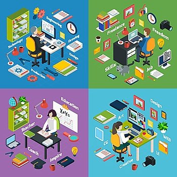  Professional Workplace Isometric 4 Icons Square . Professional workplaces of freelance art designer teacher and engineer 4 isometric icons square composition abstract vector isolated illustration