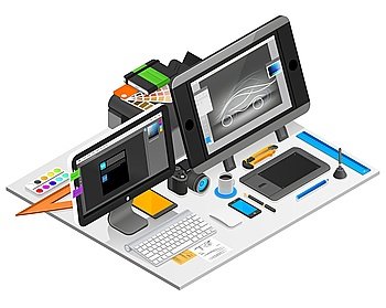  Graphic Design Workplace Illustration . Graphic design workplace isometric concept with computer and coffee vector illustration 