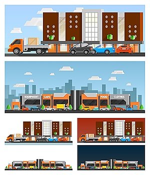 Shopping Mall And City Compositions. Shopping mall and city orthogonal compositions set with food and clothes symbols flat isolated vector illustration 